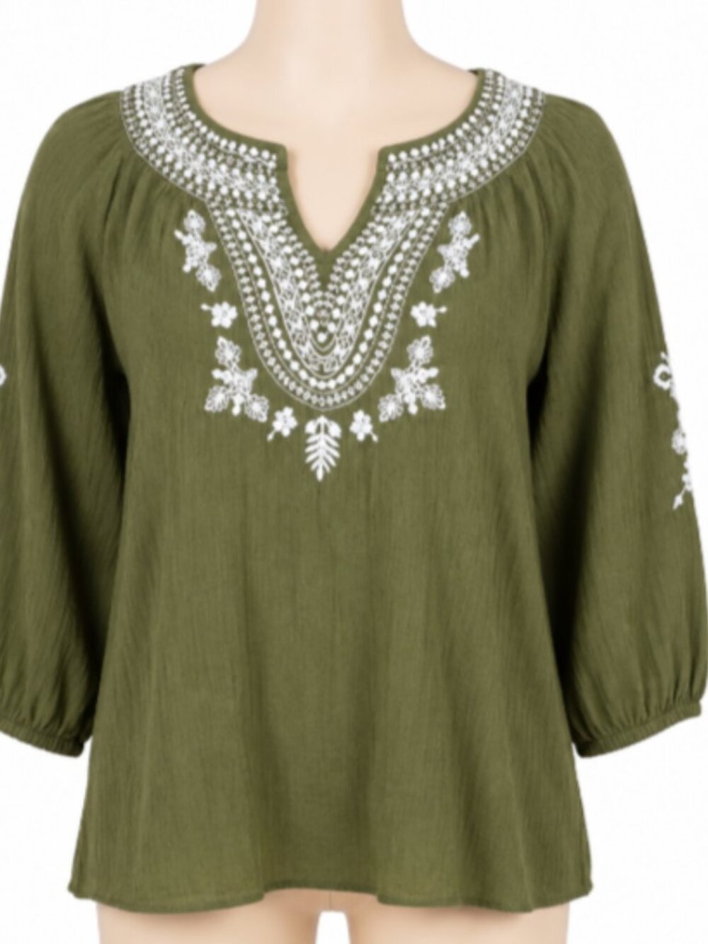 Talbots Blouse Embroidered Peasant Olive Green Casual Bohemian Peasant Size S